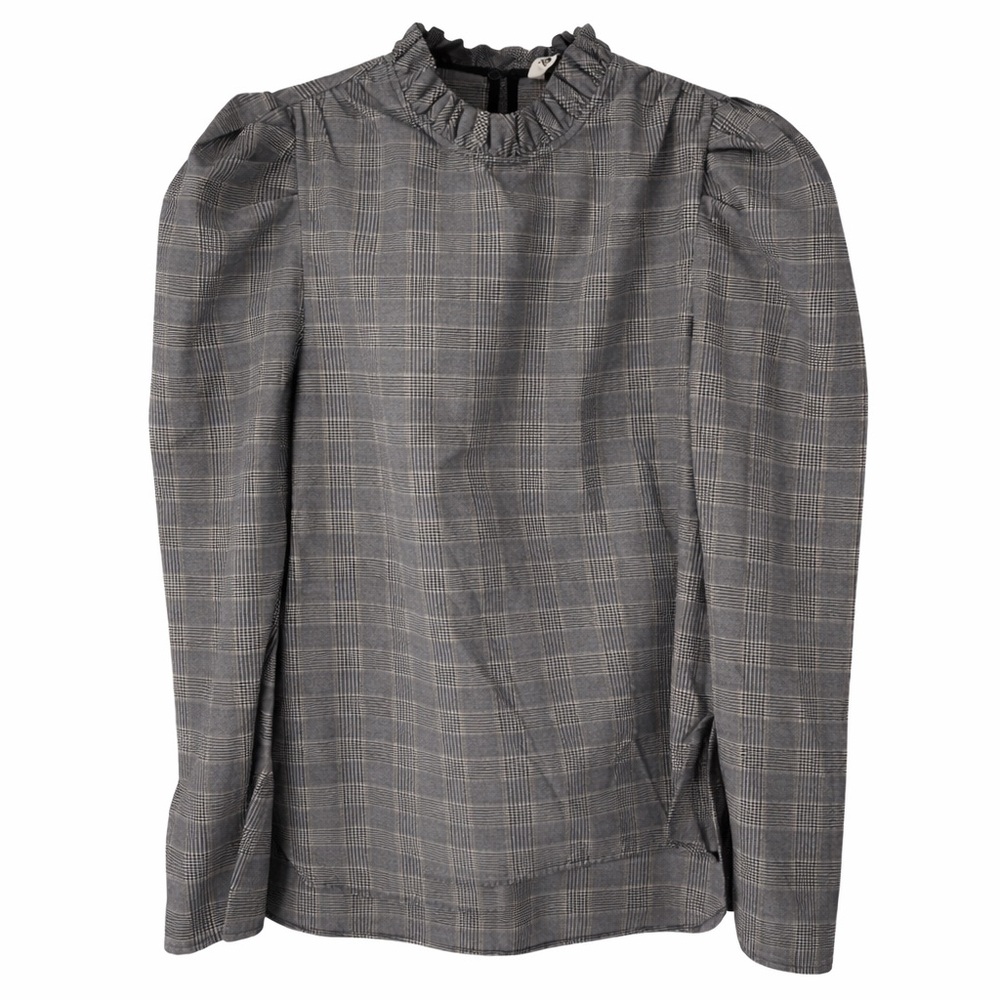 Zara Puff Shoulder Plaid Check Blouse